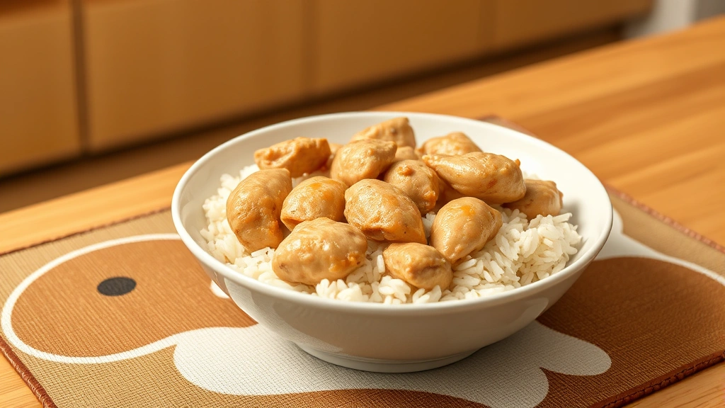 dog vomiting and diarrhea -
Photorealistic photo of a bowl of plain boiled chicken and white rice on a pet 
