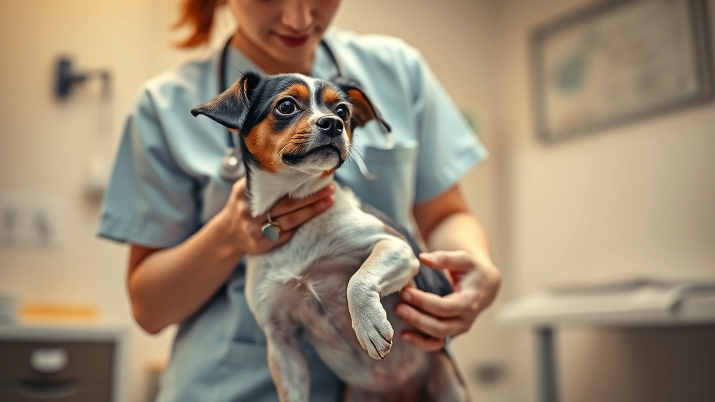 dog vomiting white foam -
Photorealistic image of a veterinarian in scrubs gently examining a small dog&#