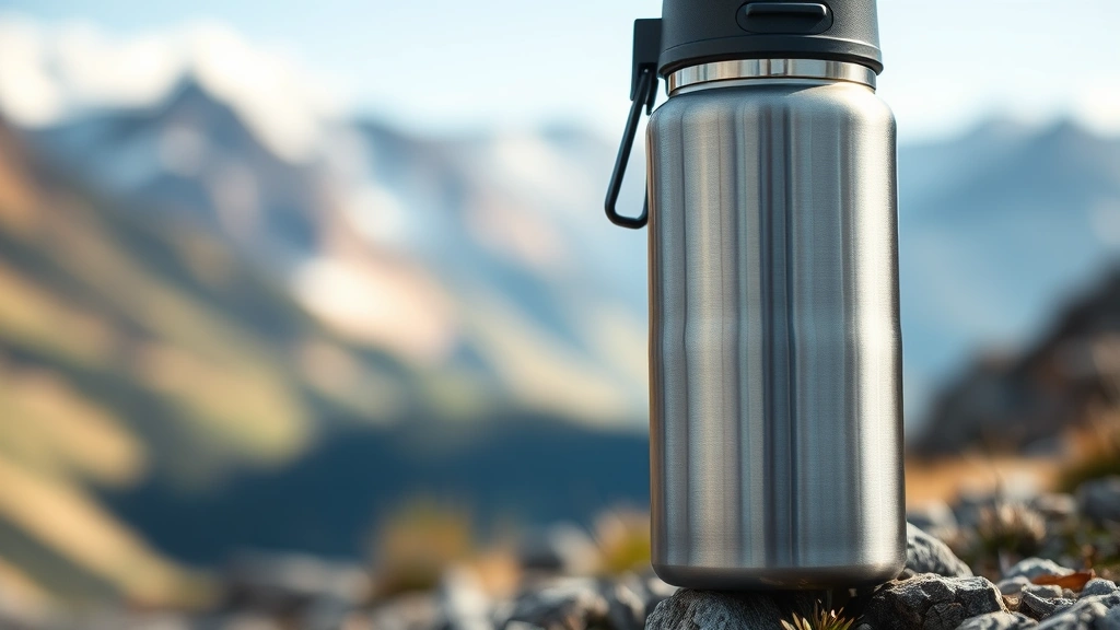 dog water bottle -
A close-up of an insulated stainless steel dog water bottle with attached bowl 