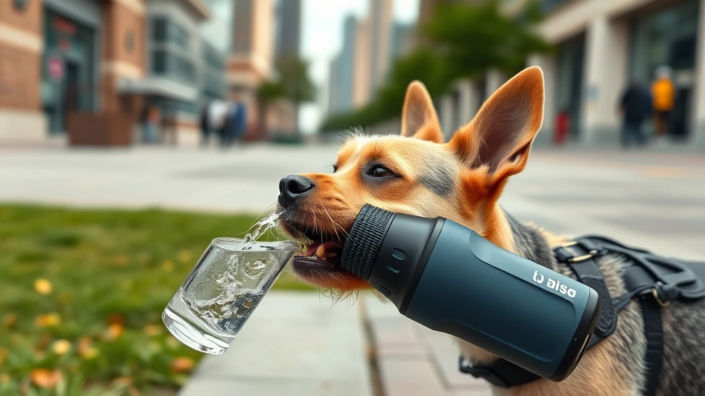 dog water bottle -
A small terrier mix enjoying water from a modern compact dog water bottle durin