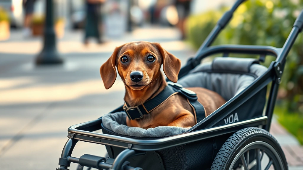 dog wheelchair for back legs -
Close-up of a small dachshund in a custom-fitted dog mobility cart with padded 