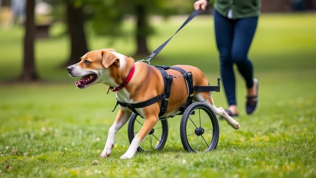 dog wheelchair for back legs -
A senior mixed-breed dog using a rear leg support wheelchair while playing fetc