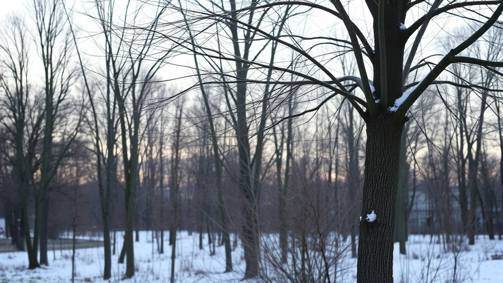 dog winter jacket -
outdoor winter setting with bare trees in background
