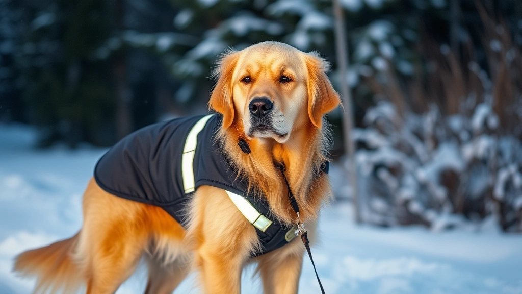 dog winter jacket -
A large Golden Retriever wearing a reflective winter coat with waterproof shell