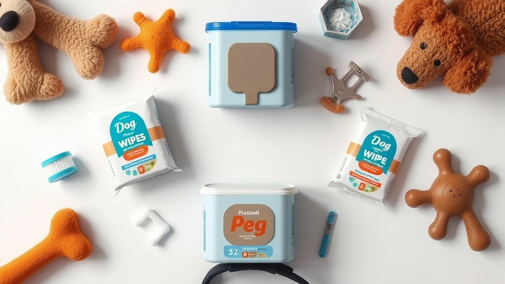 dog wipes -
Photorealistic overhead shot of various dog wipe containers and individual pack