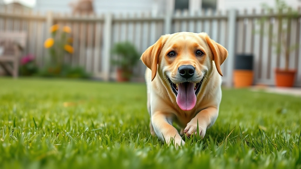 dog with diarrhea -
Photorealistic image of a happy labrador retriever playing outdoors in a grassy