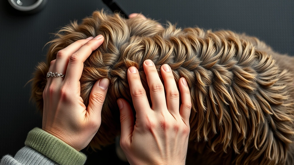 dog with dreads -
Photorealistic overhead view of groomer’s hands gently separating and mai