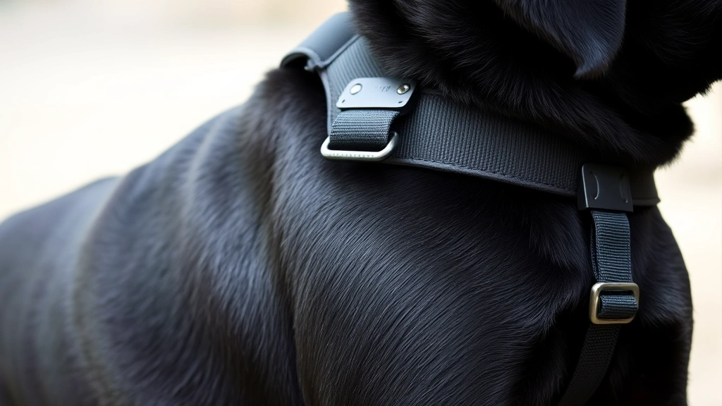 dog with harness -
Close-up of a black dog’s chest fitted with a well-adjusted no-pull harne