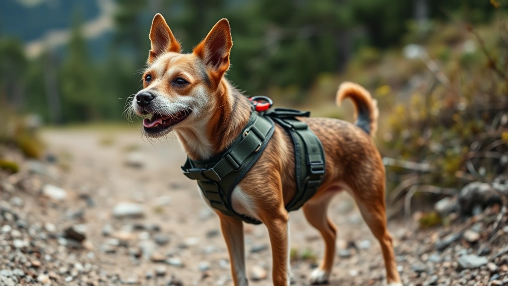 dog with harness -
Small terrier mix on a hiking trail wearing a lightweight tactical harness with