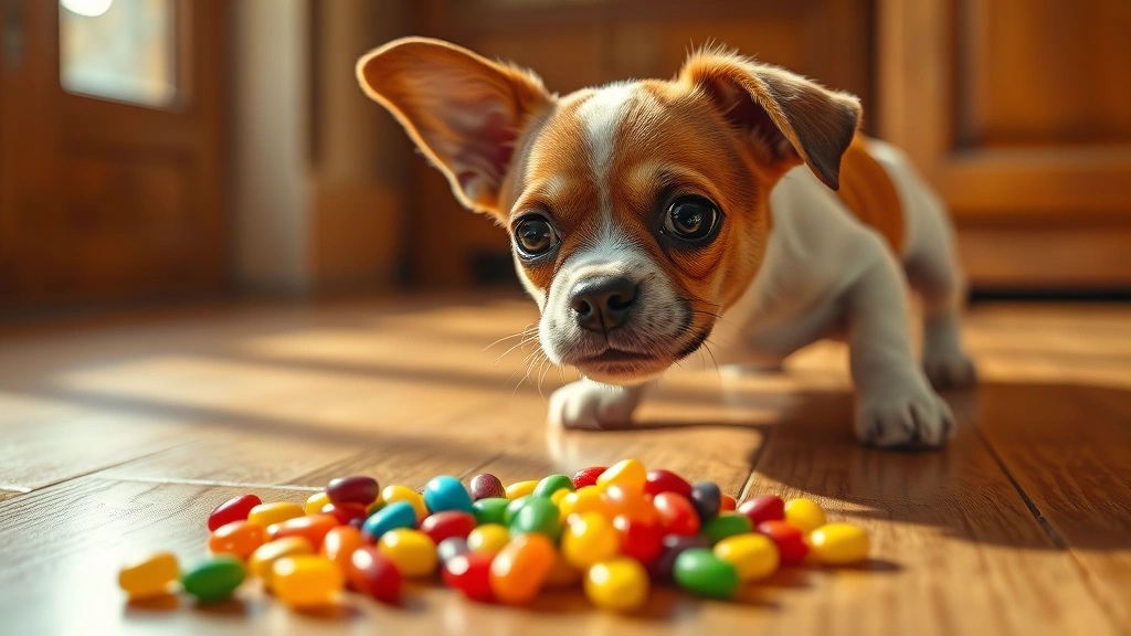dog with lollipop meme -
Small dog looking confused at colorful hard candy on wooden floor, photorealist