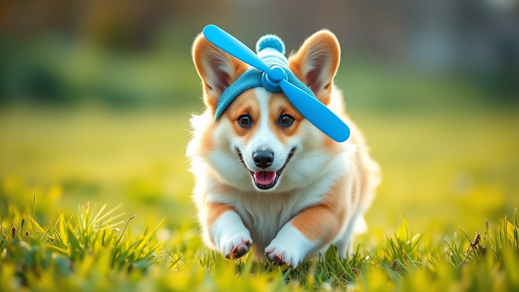 dog with propeller hat -
Photorealistic action shot of a fluffy Corgi with a blue propeller hat running 