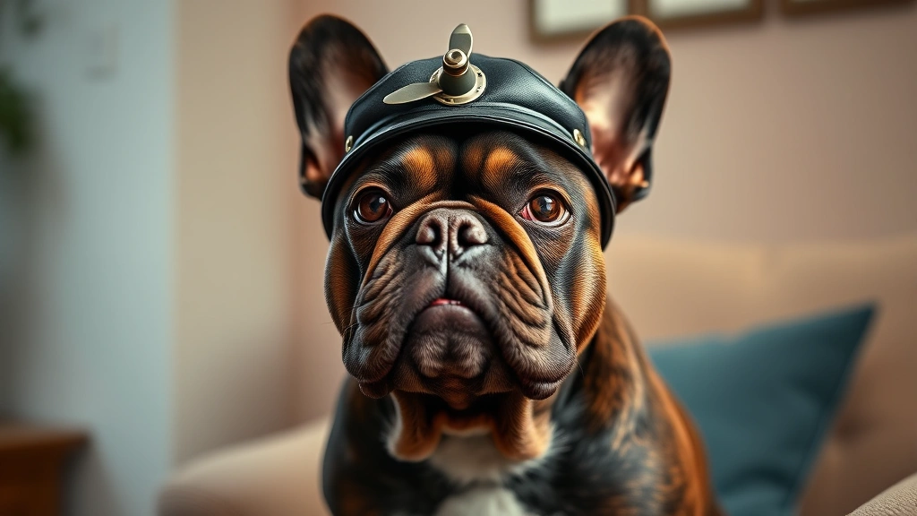 dog with propeller hat -
Photorealistic portrait of a dignified French Bulldog wearing a miniature prope