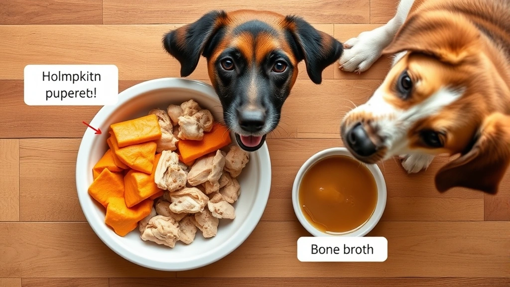 dog won't eat -
Photorealistic overhead shot of a dog’s food bowl with various healthy to
