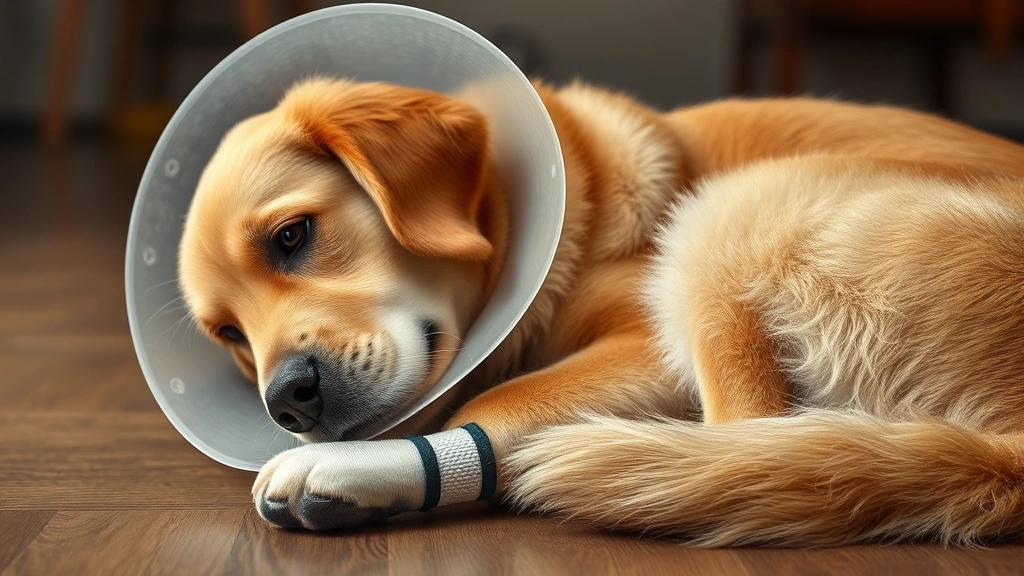 dog wound care -
Photorealistic image of a golden retriever wearing a protective cone collar whi