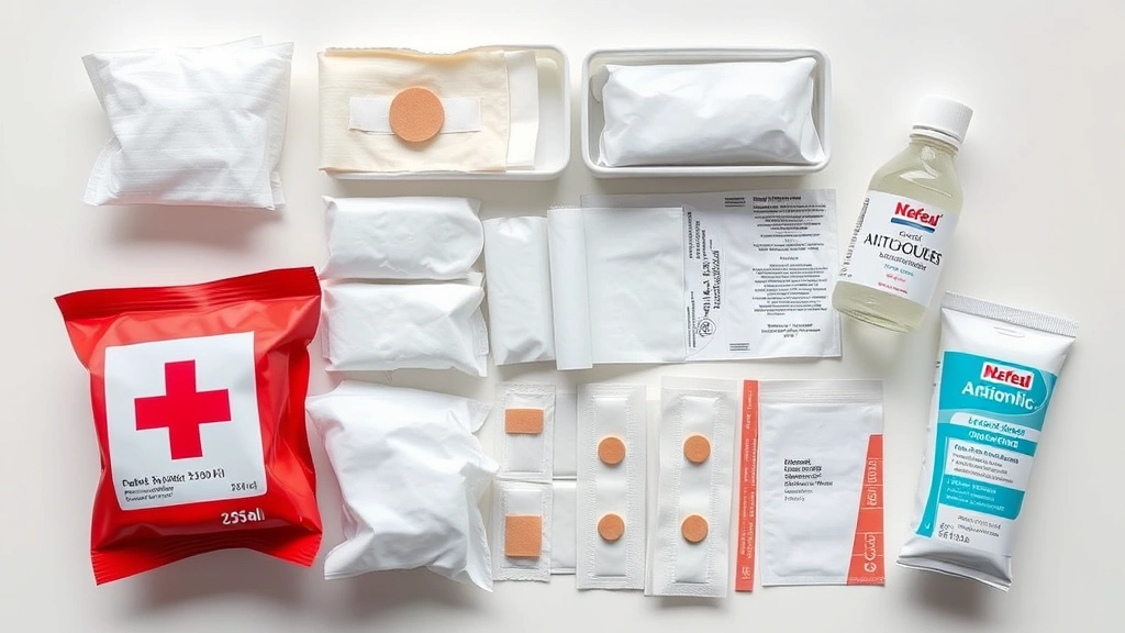 dog wound care -
Photorealistic overhead view of a well-organized pet first aid kit with sterile