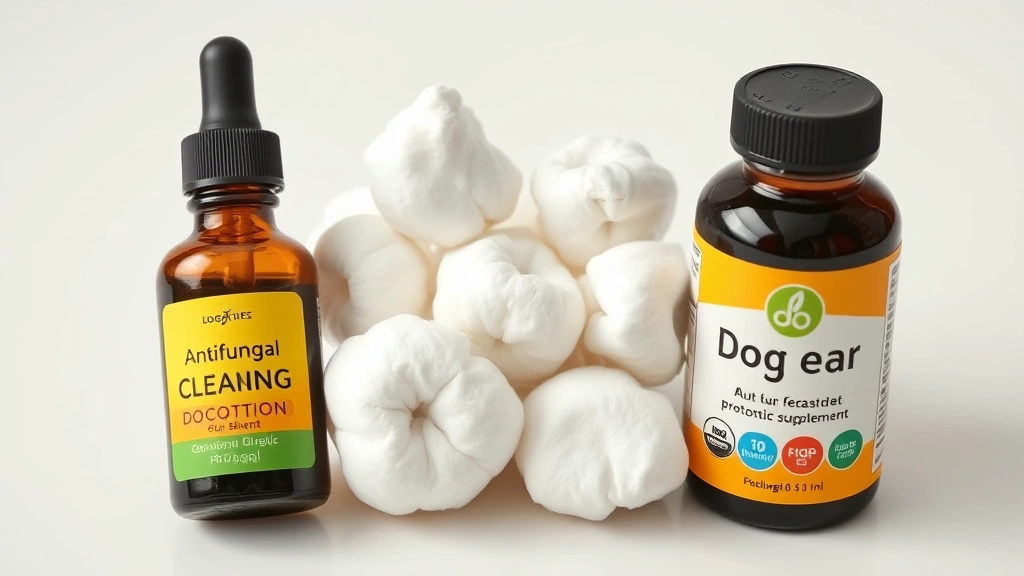 dog yeast infection ear -
Photorealistic photo of various dog ear treatment supplies arranged on white su