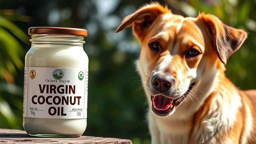 dog yeast infection home remedy -
A jar of virgin coconut oil next to a happy, healthy-looking dog with shiny coa