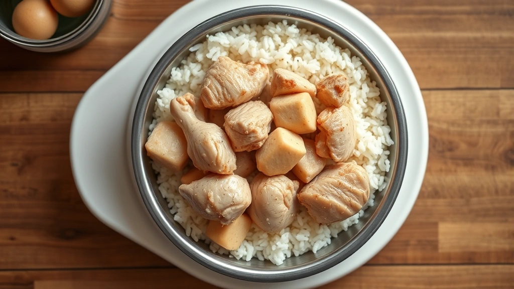 dog yellow vomit -
Photorealistic overhead shot of plain boiled chicken and white rice in a dog bo