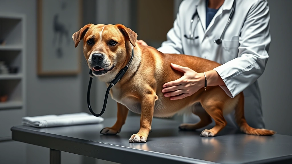 dog yellow vomit -
Photorealistic image of a veterinarian examining a medium-sized dog on an exami