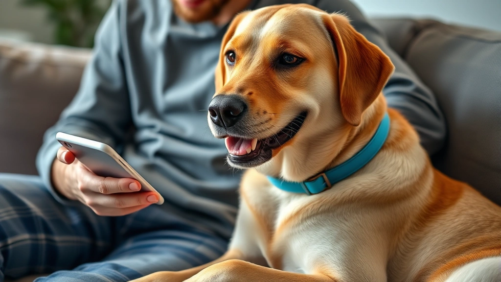 doge checks update -
Photorealistic close-up of a dog owner using a pet health tracking app on smart