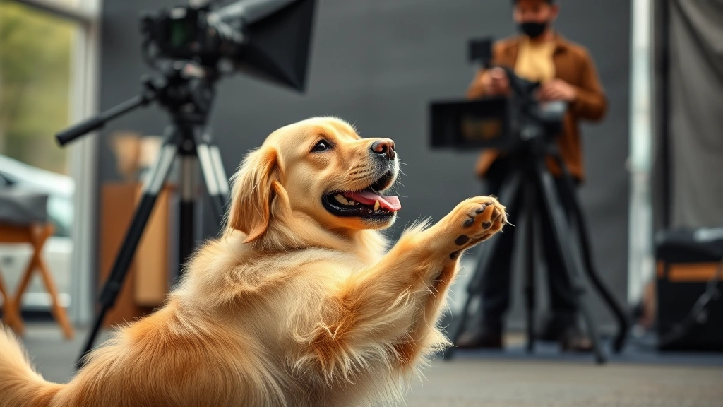 doge commercials super bowl -
A golden retriever performing a trained trick on a film set with camera equipme