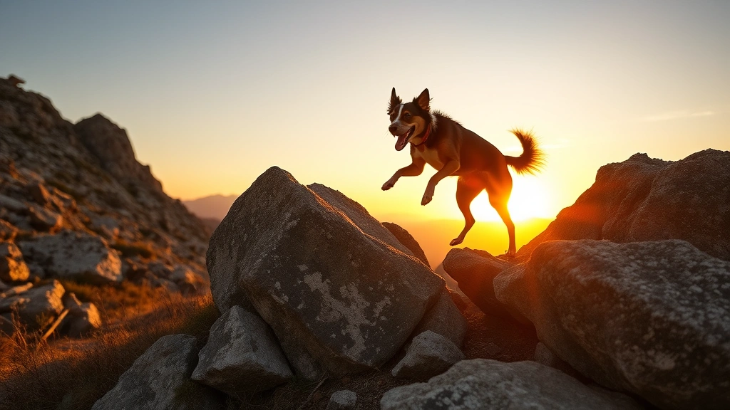 dogging -
A mixed-breed dog enthusiastically climbing over natural rock formations on a m