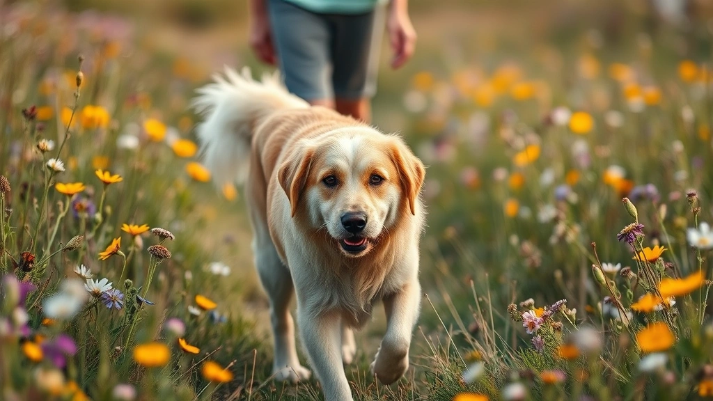 dogging -
A senior dog walking peacefully through a meadow of wildflowers with a human co