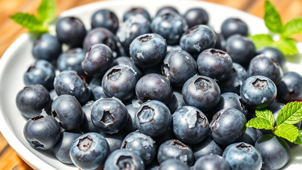 dogs and blueberries -
Close-up of fresh and frozen blueberries on a white ceramic plate, photorealist