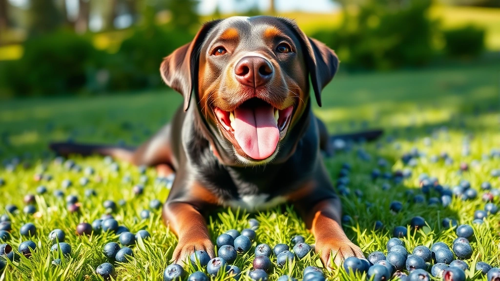 dogs and blueberries -
Happy Labrador with blueberries scattered on grass, photorealistic style, sunny