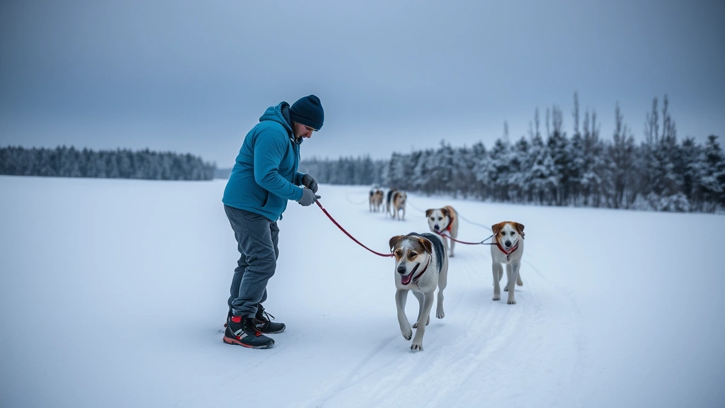 dogs and sledges -
musher attending to the dogs with care
