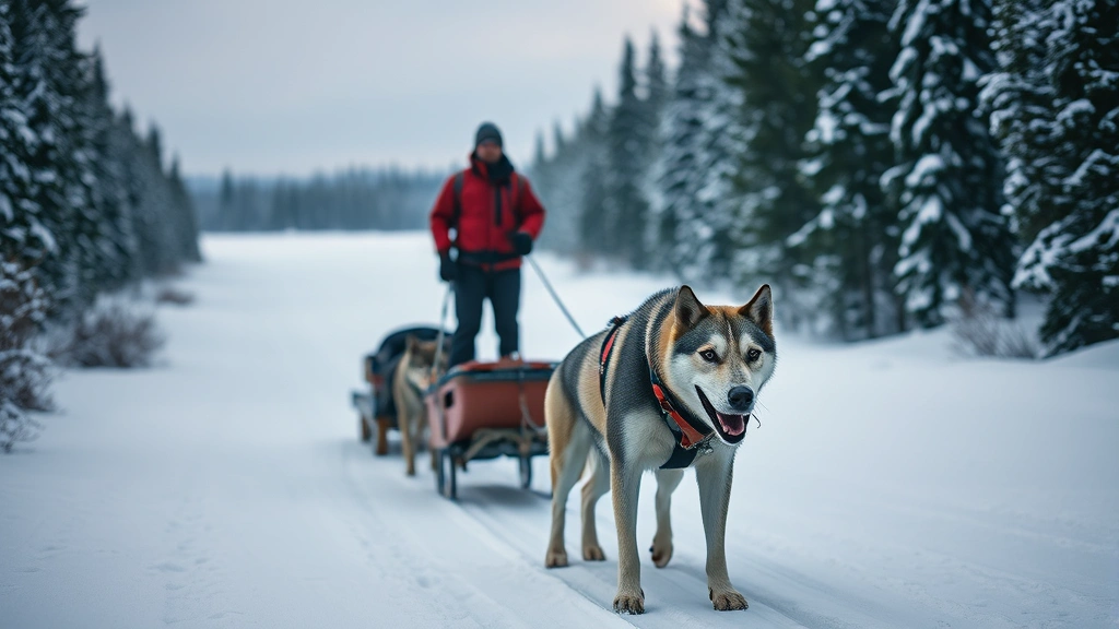 dogs and sledges -
Photorealistic close-up of a musher standing on the back of a lightweight racin