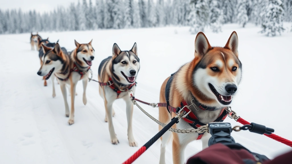 dogs and sledges -
showing the detailed harness system connecting multiple sled dogs
