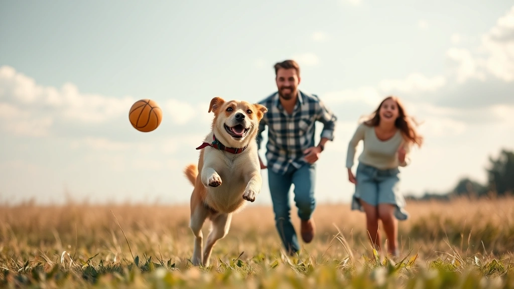 dogs are fun -
A happy family playing fetch with their dog on a grassy field on a beautiful da
