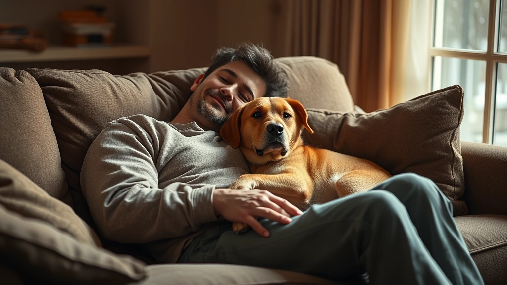 dogs are fun -
A cozy scene of a person relaxing on a couch with their dog snuggled against th