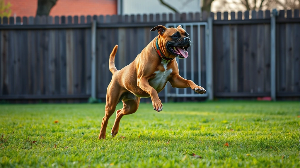 dogs boerboel -
A photorealistic photograph of a Boerboel dog playing fetch in a large fenced y