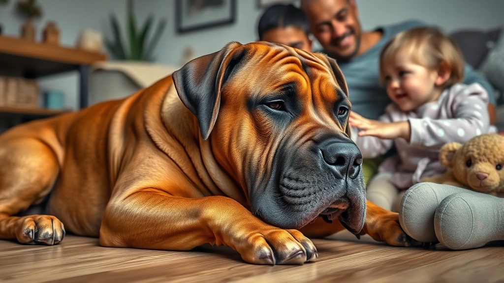 dogs boerboel -
A photorealistic image of a Boerboel dog lying down indoors with a family, show