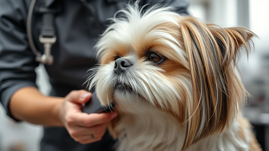 dogs don't shed -
Photorealistic close-up of a professional dog groomer brushing a Shih Tzu&#8217