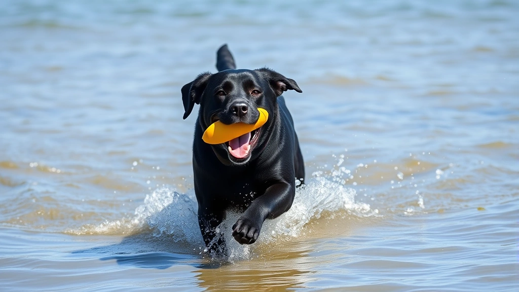 dogs fetching toy -
A happy black Labrador running through shallow water with a floating yellow fet