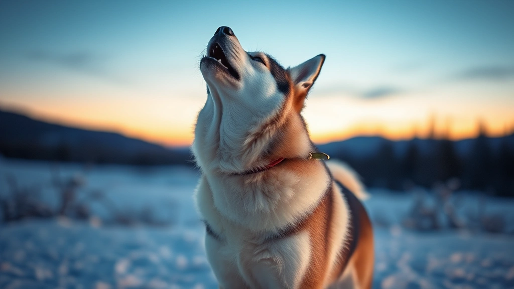 dogs howling -
A husky standing outdoors in a snowy landscape at dusk, head raised toward the 