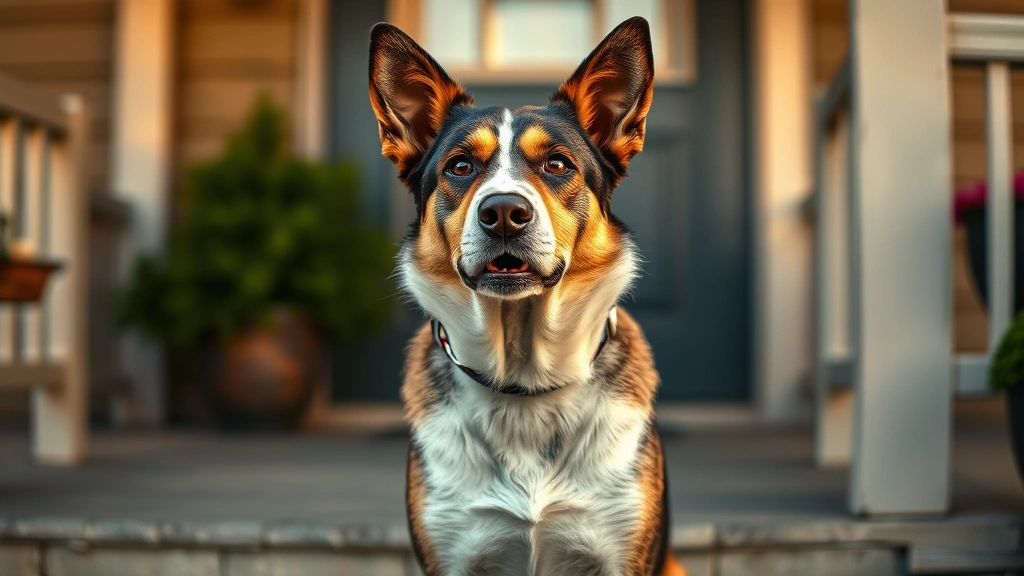 dogs howling -
A mixed breed dog sitting on a porch, appearing to howl or bark, with an expres