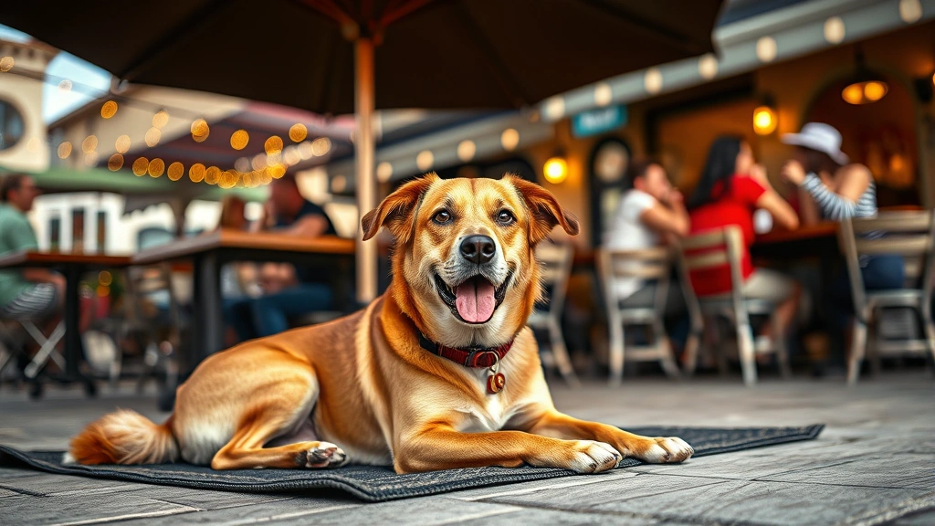 dogs in bar -
Photorealistic scene of a well-behaved mixed breed dog lying on a mat under a p
