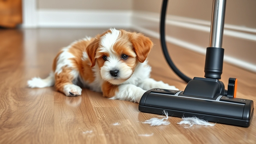 dogs that are non shedding -
Photorealistic image of a small tan and white Cavachon puppy playing on a hardw