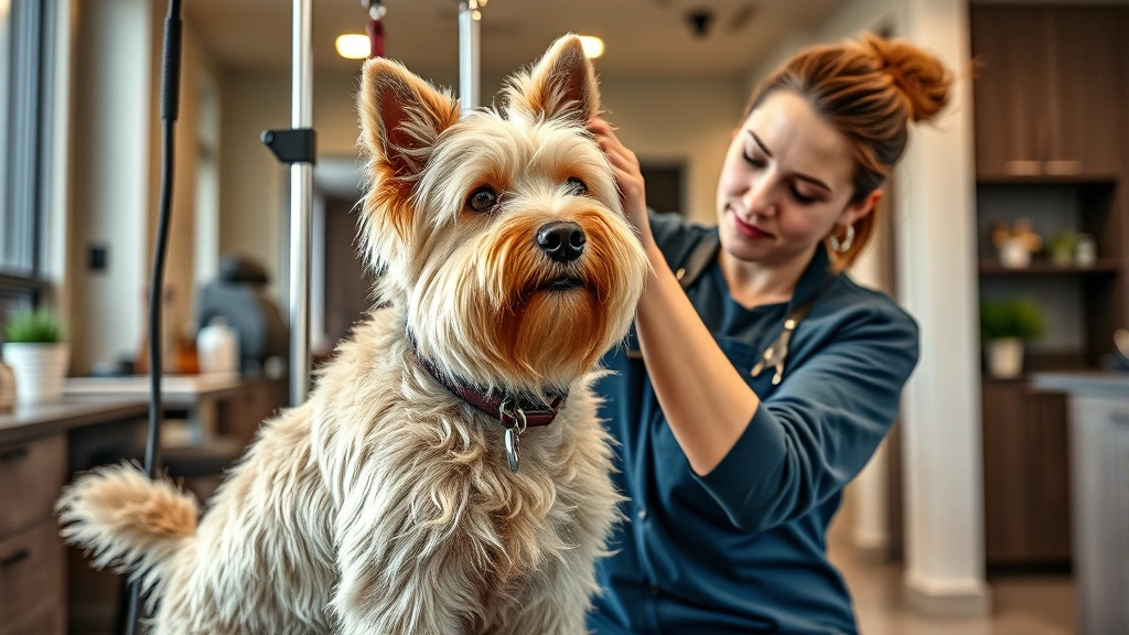 dogs that are non shedding -
Photorealistic image of a professional dog groomer brushing a Soft Coated Wheat