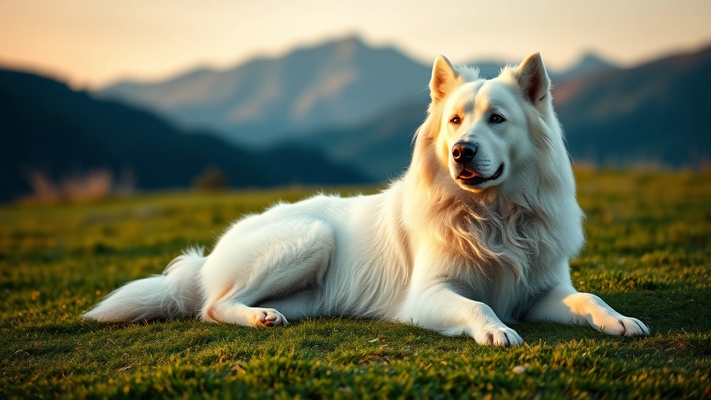 dogs that are white and fluffy -
Photorealistic image of a Great Pyrenees lying majestically on a green lawn, th