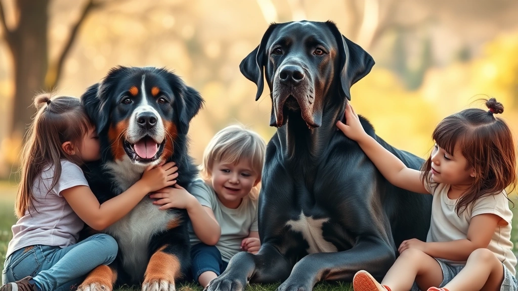 dogs with big -
A Bernese Mountain Dog and Great Dane sitting peacefully with children petting 