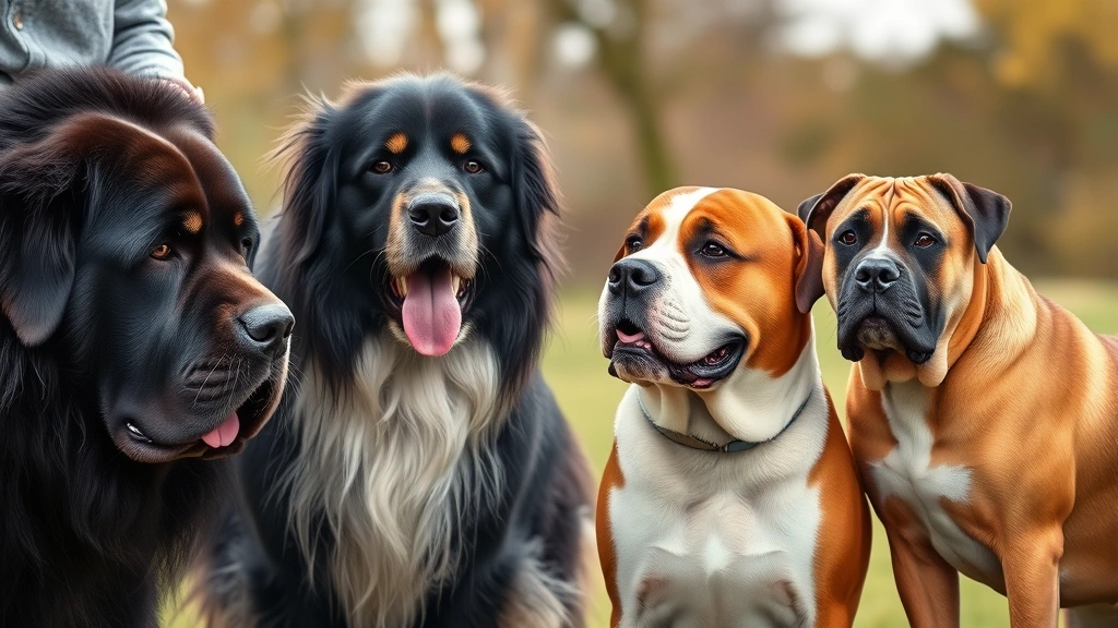 dogs with big -
Multiple large breed dogs of different types (Newfoundland, Collie, Boxer) inte