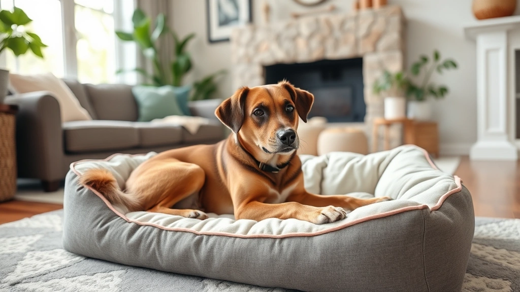 dogs with down syndrome -
lying comfortably on an orthopedic dog bed in a cozy living room with soft natu