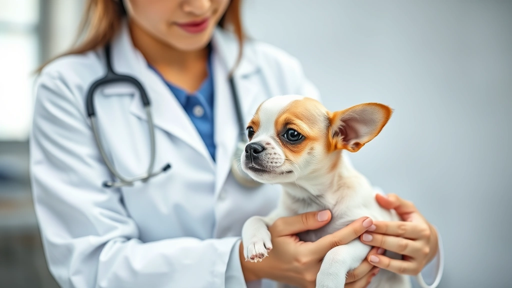 dogs with down syndrome -
A photorealistic photograph of a veterinarian in a white coat gently examining 