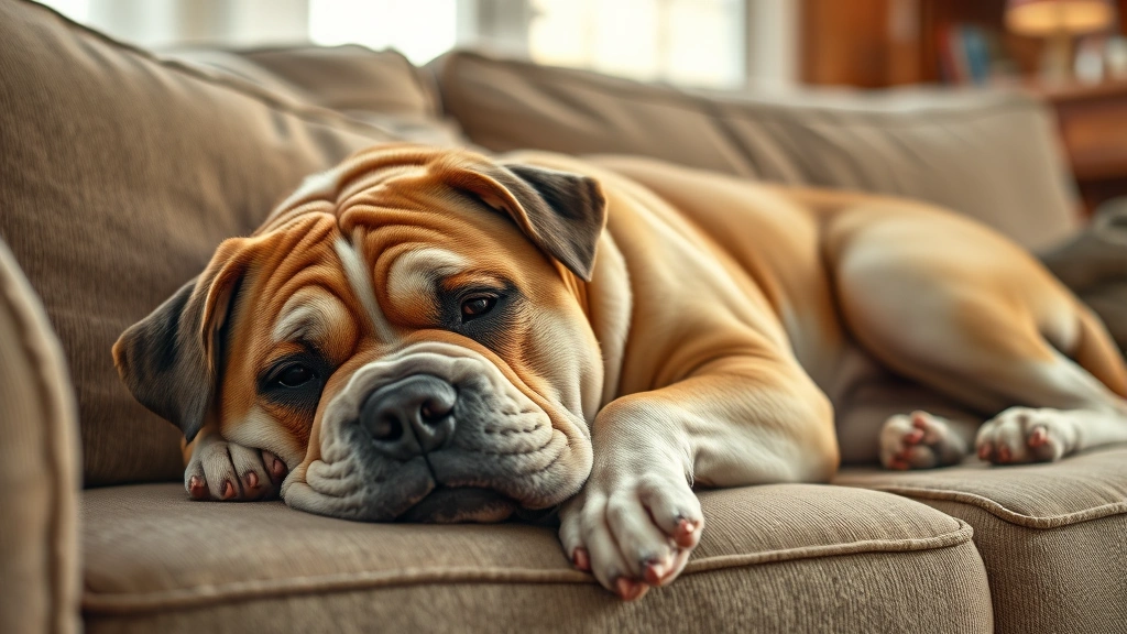 dogs with underactive thyroid -
Overweight dog lying on couch looking lethargic with sad expression, photoreali