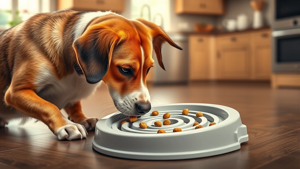 dominant pet feeding solutions -
Photorealistic image of a dog eating from a maze-pattern slow feeder bowl, conc